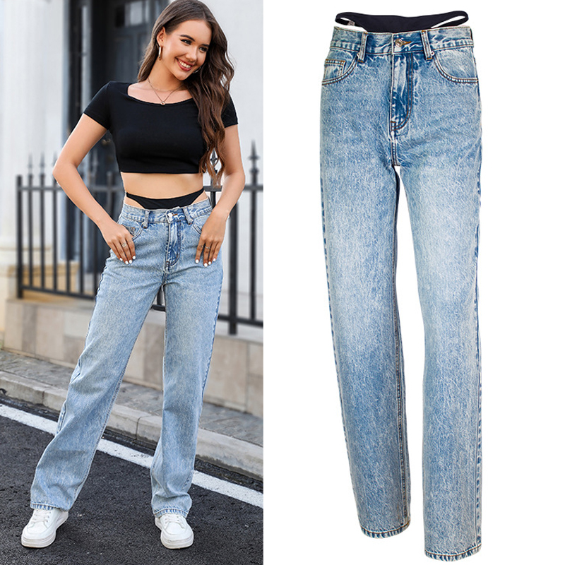 Fake Two-Piece Stitching Strai - Streetwear Brand Denim ulasan dan harga